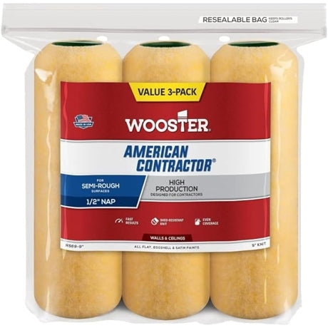 Wooster Brush Company 9" American Contractor 1/2" Nap 3-pk Roller Cover
