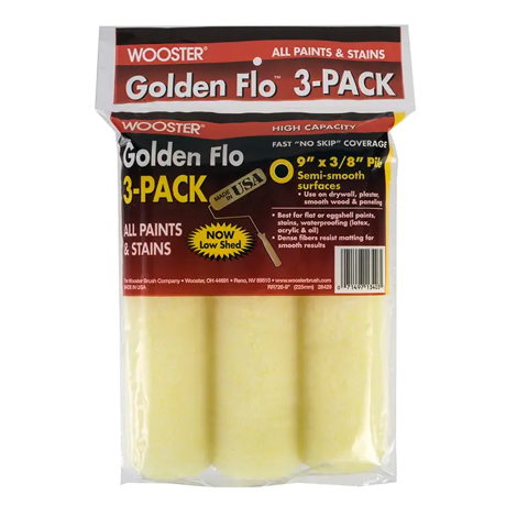 Wooster Brush Company 9″ X 3/8″ Nap Golden Flow Roller Covers, 3-pack