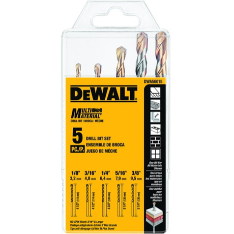 Dewalt Dwa56015 Drill Bit Set Carbide - No-spins Shank 5 Piece Set (1/4", 3/16", 1/8", 5/16", 3/8")