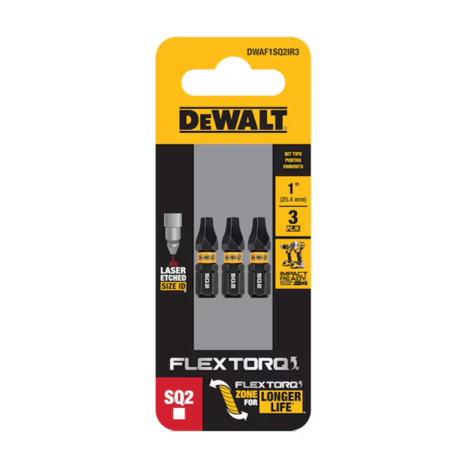 Dewalt Dwaf1sq2ir3 Flextorq 1/4-in X 1-in Square/robertson Impact Driver Bit (3-piece)