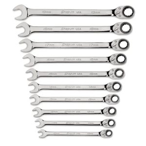 10 pc Metric Flank Drive® Plus Reversible Ratcheting Combination Wrench Set (10–19 mm)