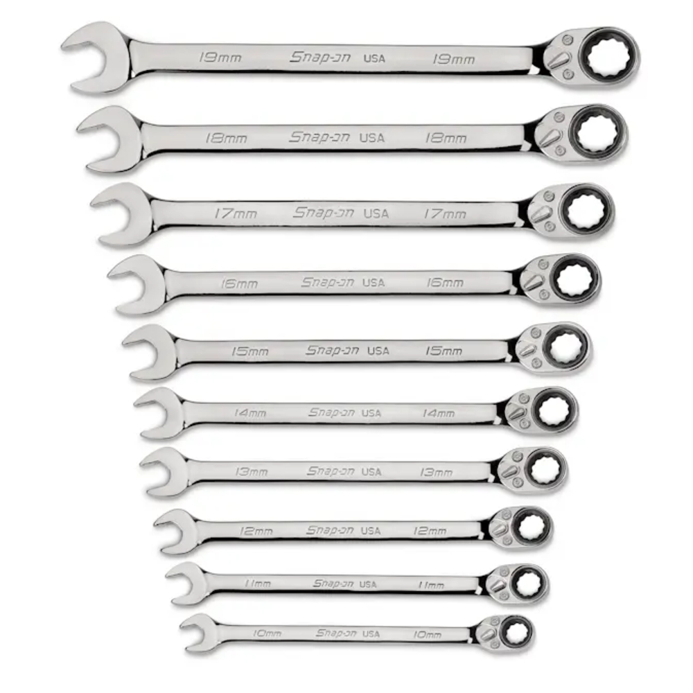 10 pc Metric Flank Drive® Plus Reversible Ratcheting Combination Wrench Set (10–19 mm)