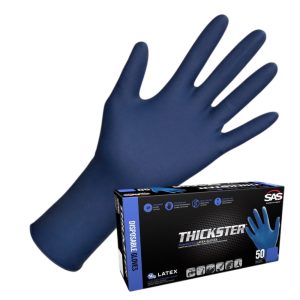 Thickster Ultra Thick Latex Gloves, Blue, 14 mil, 12" Extended Cuff, Light-Powder, 50/box