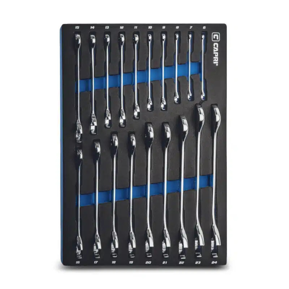 Angle Open End Wrench Set, 30/60, 6 to 24 mm, Metric, Mechanics Tray